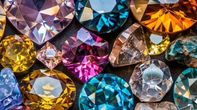 A group of multicolored diamonds arranged on a wooden table alongside a heap of other diamonds in various hues