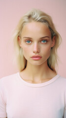 Naklejka premium Beautiful young woman with blond hair looking at camera isolated on pink