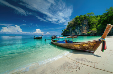A photo of longtail boats at the white sandy beach in Krabi, Thailand with clear blue water and lush greenery on an island. The sky is bright and sunny, creating a beautiful backdrop for a vacation