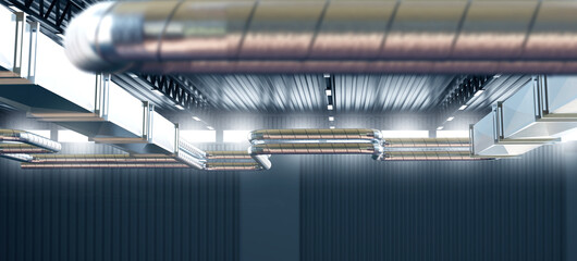 Steel pipes under roof industrial building. Engineering communication. Pipeline in industrial...