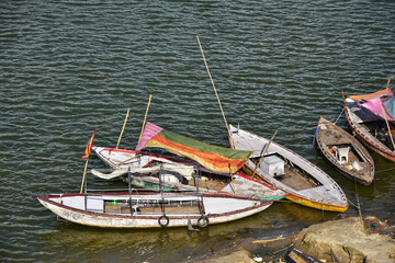 Fototapeta na wymiar High angle view of boats on Ganges river in Varanasi, India