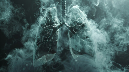 Detailed 3D lungs with cigarette smoke obstruction, gloomy tone, overhead perspective