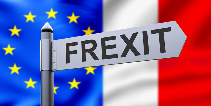 Frexit logo. France and EU flags. Crisis in European union. Frexit road sign. France exit from EU. Political crisis of European association. Frexit direction. End of economic cooperation. 3d image