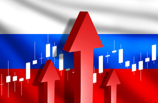 Growth of Russian economy. Flag of Russian federation. Arrows symbolize inflation. Boosting economy. Increase in Russia GDP. Rise of Russian financial market. Increase in key rate in Russia. 3d image