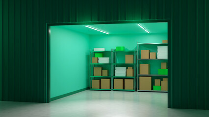 Warehouse space. Storage room with open gate. Warehouse unit with boxes on shelves. Places for temporary safekeeping. Storage room outside view. Rent of storage space. Container, chamber. 3d image