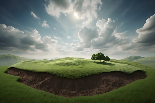 A hovering patch of land covered in lush green grass and exposed soil design, with a flying grassy texture and a vacant field, all depicted in a 3D rendering against a backdrop of clouds