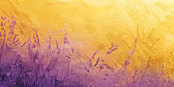 Golden Sunrise Lavender Field: Nature’s Beauty Unveiled, Purple Flowers Paint On Yellow Background