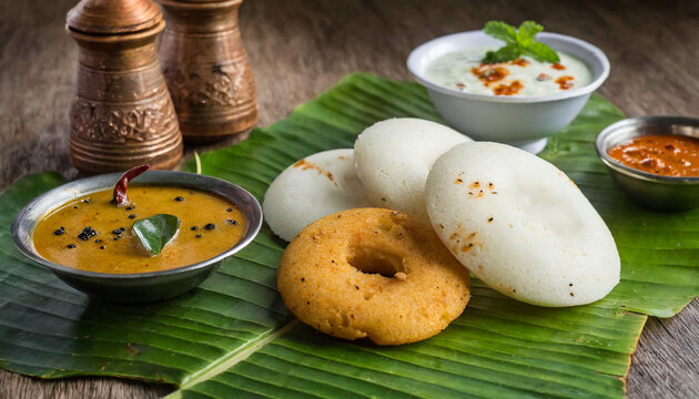 Idli and vada served with sambar and chutney on banana leaf.