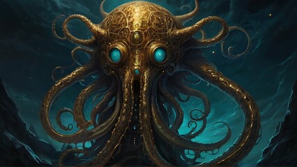 A mesmerizing Lovecraftian luxurious wormhole navigator, shrouded in otherworldly elegance amidst cosmic decrepitude tentacles adorned with intricate golden filigree, shimmering iridescent scales on a