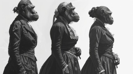 Fototapeta na wymiar A black-and-white image depicts three individuals wearing gorilla outfits while clinging to one another's pockets