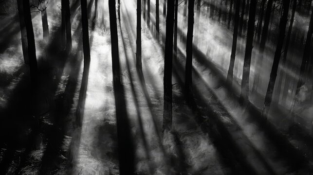  A monochrome image of a wooded landscape under sunlight, featuring misty ground
