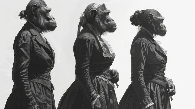  A black-and-white image depicts three individuals wearing gorilla outfits while clinging to one another's pockets