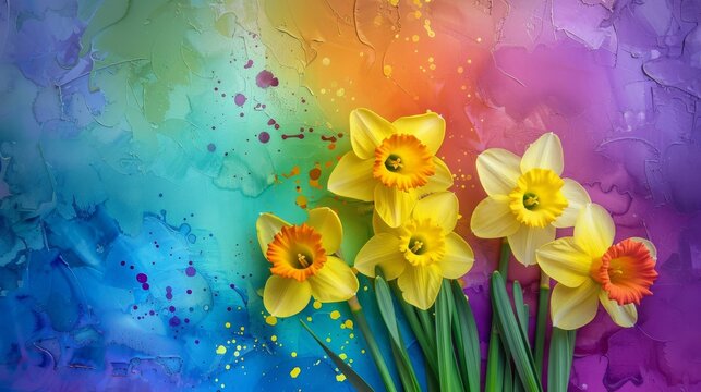 A vivid image of daffodils against a rainbow canvas with splashes of colorful paint