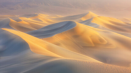 A mesmerizing view of smooth golden sand dunes under the soft glow of sunrise or sunset,...