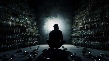 Man sitting in a dark corner surrounded by empty bottles - obrazy, fototapety, plakaty