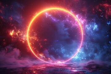 Obraz premium Abstract futuristic background with colorful glowing circular rings on dark blue backdrop. Generative AI