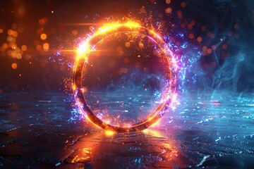 Obraz premium Abstract futuristic background with colorful glowing circular rings on dark blue backdrop. Generative AI