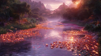  A river, illuminated by countless candles, flows alongside a forest brimming with water lilies, all set against a backdrop of a vibrant purple sky