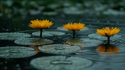  Water lilies float atop a body of water, their pads anchored below