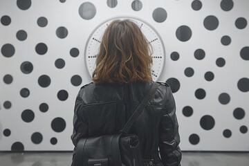 Naklejka premium The conceptual realm where the passage of time is depicted through the symbiotic relationship between a woman and a clock, with dots painting various life events or stages