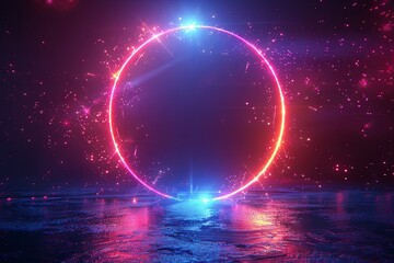 Abstract futuristic background with colorful glowing ring in dark blue color, technology concept design template for banner poster and web site element. Generative AI
