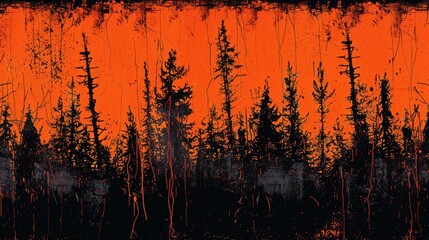 A painting depicts trees in a forest with an orange sky in the background and black/white trees in the foreground