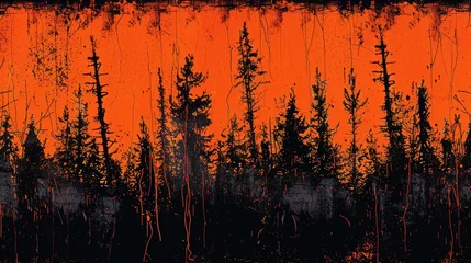 Fotobehang  A painting depicts trees in a forest with an orange sky in the background and black/white trees in the foreground © Nadia