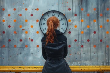 The conceptual realm where the passage of time is depicted through the symbiotic relationship between a woman and a clock, with dots painting various life events or stages - obrazy, fototapety, plakaty