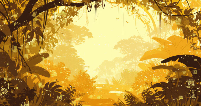  A digital painting depicts a lush jungle setting featuring verdant foliage and a central pond