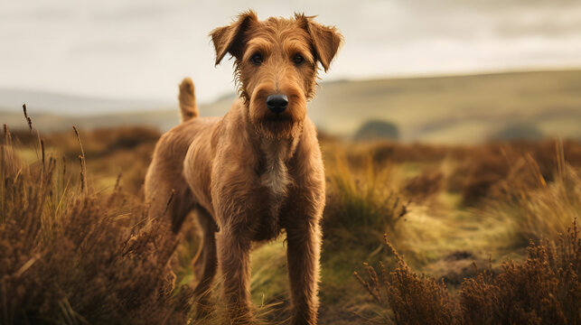 Sprightly Irish Terrier in a Countryside Landscape. Generated AI