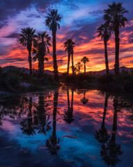 Fototapeta na wymiar Vivid sunset skies casting a colorful reflection over calm waters surrounded by silhouetted palm trees for a perfect tropical scene