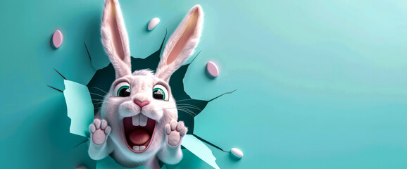 A playful Easter setup with a paper bunny ears and pastel eggs around a square placeholder on teal background