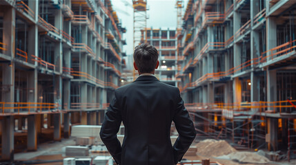 Back view of a businessman stands in front of a construction site