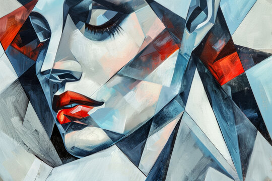 A close-up of a modern abstract geometric painting, resembling a stylized female face with blue tones and red lips