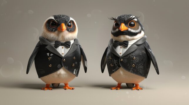  A pair of birds, dressed in tuxedos, stand together against a gray backdrop with glowing bubbles