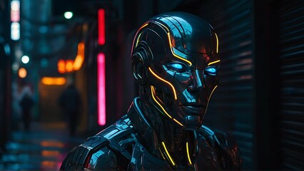 In a dimly lit alleyway, a mesmerizing android stands tall, its metallic exterior gleaming under neon lights. The photograph captures the android's sleek, futuristic design in stunning detail. Its glo