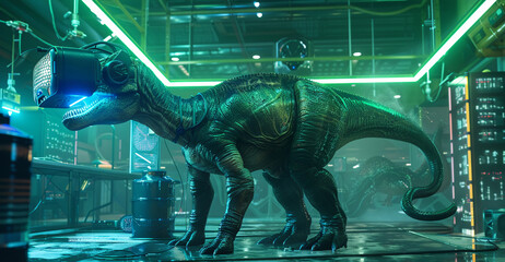 Diplodocus wearing VR headset, in futuristic lab, green and blue lights, side angle, 3D fantasy