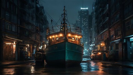 In the bustling cityscape, a post-modern avant-garde temporal trawler stands out like a surreal dream. This street photography cinematic photograph captures a scene where the trawler, a mishmash of