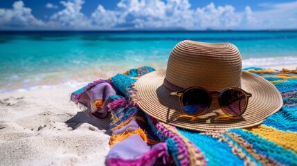 A breezy, sunlit scene of a wide-brimmed straw hat and oversized sunglasses resting on a soft, sandy beach, clear blue sky, evoking the ultimate summer relaxation created with Generative AI Technology - obrazy, fototapety, plakaty