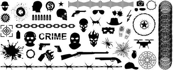 Vektor Set Design Elemente - Kriminalität - Terror - Verbrechen - Symbole und Silhouetten - Einsatz Kommando Militär