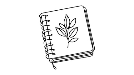 Single continuous line drawing of notebook with plant or notepad with a pencil above work desk. Writing business draft on office notes concept. Trendy one line draw design vector graphic illustration.