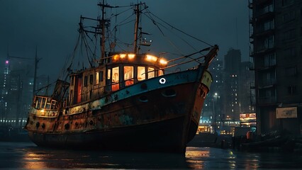 In the bustling cityscape, a post-modern avant-garde temporal trawler stands out like a surreal dream. This street photography cinematic photograph captures a scene where the trawler, a mishmash of