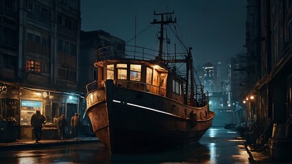 In the bustling cityscape, a post-modern avant-garde temporal trawler stands out like a surreal dream. This street photography cinematic photograph captures a scene where the trawler, a mishmash of