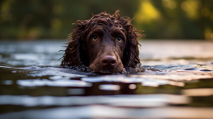 Active Irish Water Spaniel Enjoying a Lakeside Swim. Generated AI