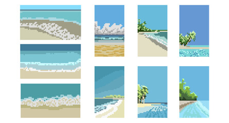 set Pixel beach background. Blank yellow sandy beach surf foam in vector ocean 8 bit 16 bit game retro