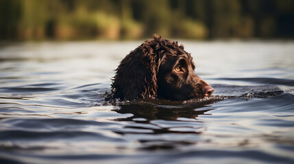 Active Irish Water Spaniel Enjoying a Lakeside Swim. Generated AI