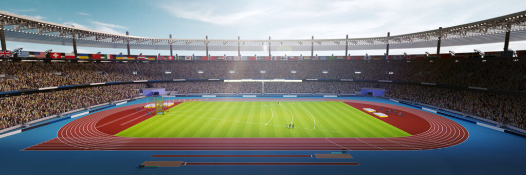 3D render of sport arena, open air stadium with tribune filled with fans. Day time game event. Aerial view. Concept of sport, competition, live match, tournament