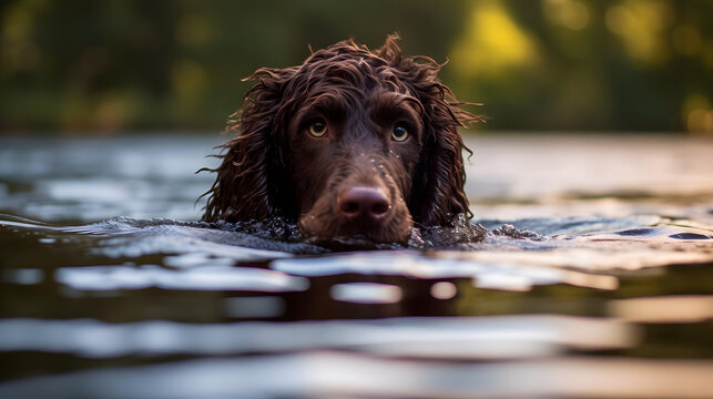 Active Irish Water Spaniel Enjoying a Lakeside Swim. Generated AI