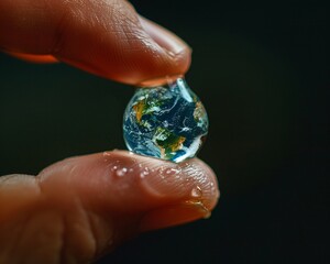 Fingers holding a clear water drop with the Earth clearly reflected in it signifying the clarity and purity needed in our environmental efforts