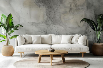 An excusitely designed living room sporting minimal decor and a monochromatic color palette, with greenery accents - obrazy, fototapety, plakaty